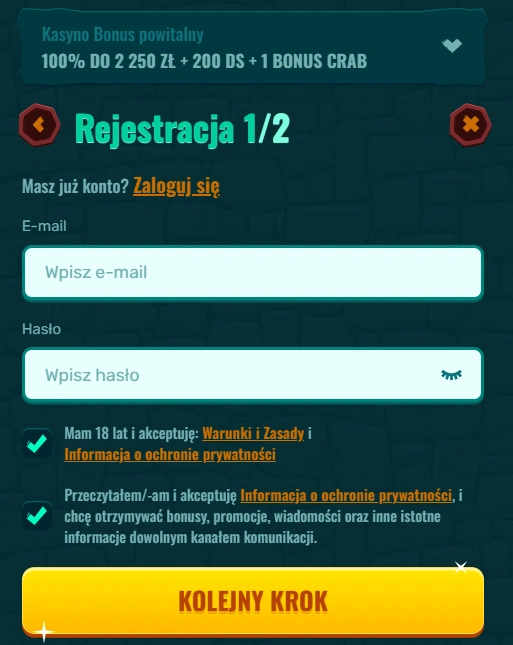 Spinanga Casino Registration form step 1